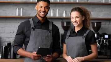 A man and woman in aprons standing in front of a coffee shop photo