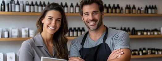 A man and woman standing in front of shelves of bottles photo