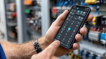 A person holding a cell phone in front of a large electrical panel photo