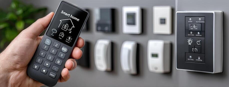 A person holding a remote control in front of a wall of electronic devices photo