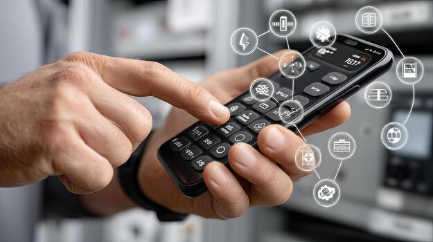 A person holding a remote control with icons on it photo