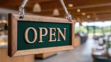 Open sign hanging on a wooden board in a restaurant photo