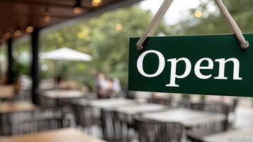 A green sign hanging from a wooden frame that says open photo