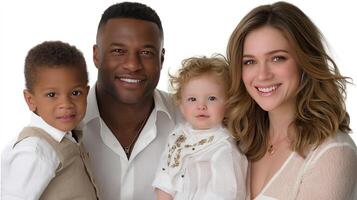 A man and woman with two children and a man holding a baby photo