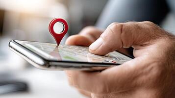 A man's hand touches a smartphone showing a local shop location pin, highlighting customer connection through mobile technology photo