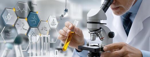 Researcher mixes vials in a laboratory using micro-disposable test tubes while analyzing results through a microscope with digital overlays photo