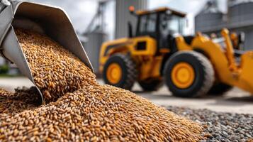 Grains are poured from an industrial crane onto a pile while a bulldozer loads wheat for processing in a bright warehouse photo