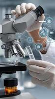 A person in a lab coat is holding a microscope photo