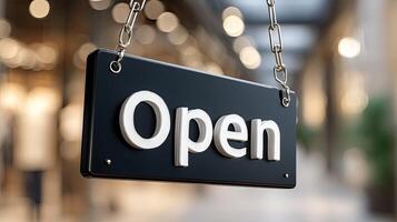 Open sign hanging from a chain in a shopping mall photo