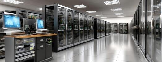 A large room with many servers and computers photo