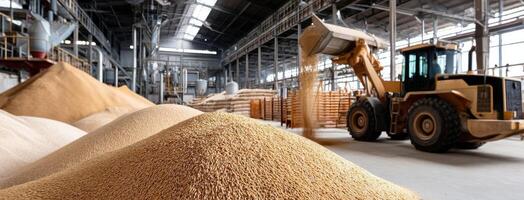 A large pile of wheat in a factory photo
