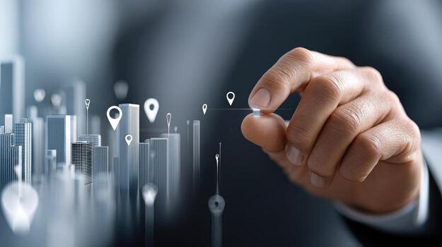 Businessman hand pointing to city map icons on digital background photo