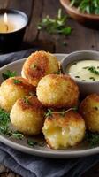 A plate of cheese puff balls with dipping sauce photo
