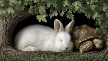 A white rabbit and a tortoise are sitting in a hole photo