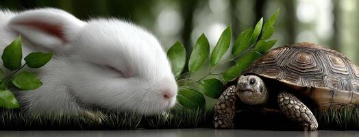 A white rabbit and a turtle in the grass photo
