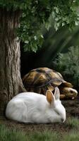 A white rabbit and a tortoise are sleeping under a tree photo