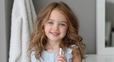 A little girl holding a toothbrush in front of her photo