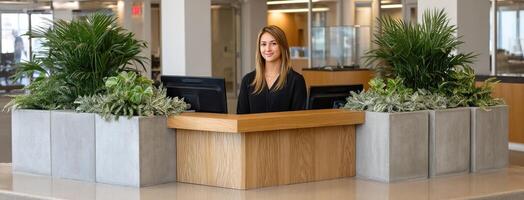 A woman is sitting at a desk with plants photo