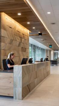 A reception area with a wooden wall and a desk photo