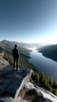 Man standing on top of a mountain overlooking a lake photo