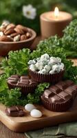 Chocolate covered almonds, hazelnuts and kale photo