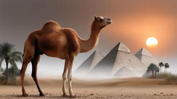 A camel stands in front of a pyramid photo
