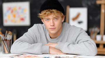 A young man in a beanie sitting at a table with paint brushes photo