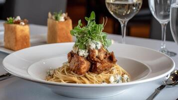 A plate of spaghetti with meat and bread on it photo
