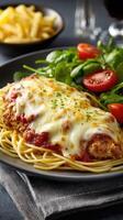 Chicken parmesan with spaghetti and salad on a plate photo