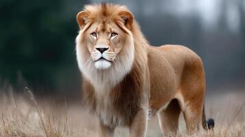 A lion is standing in the grass photo