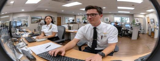 Two people in an office setting with computers photo
