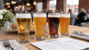 A table with four glasses of beer and a menu photo