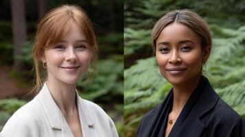 Two women in suits and one with red hair photo