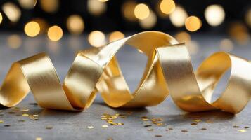 Golden ribbon on a table with a few confetti photo