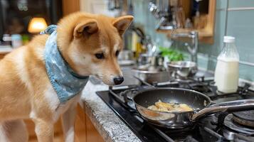 A dog is standing on a stove looking at food photo