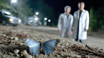 Two people standing next to a blue butterfly on the ground photo