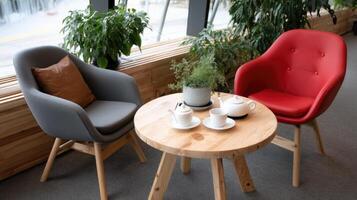 Two chairs and a table with a cup of tea photo