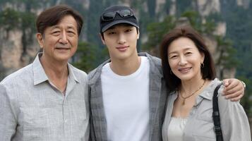 A family poses for a photo in front of mountains
