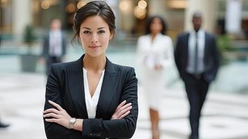 A woman in a business suit standing in front of other people photo