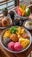A table with a bowl of fruit, a bowl of rice, and a bowl of coffee photo