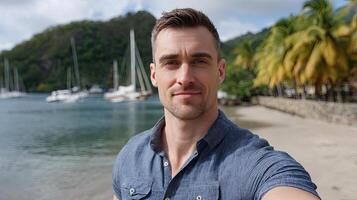 A man taking a selfie on the beach photo