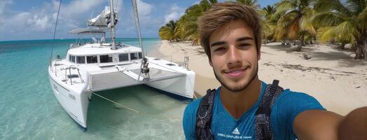A man taking a selfie in front of a boat photo
