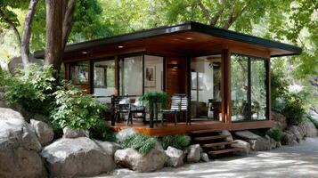 A small cabin with a patio and a rock wall photo