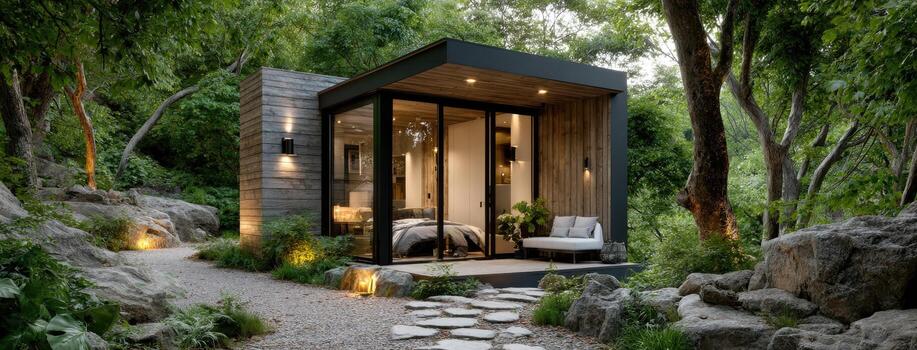 A small cabin in the woods with a stone path photo