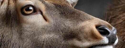 A close up of a deer's face with a black background photo