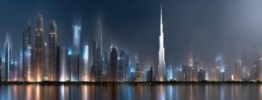 A city skyline at night with lights reflecting off the water photo