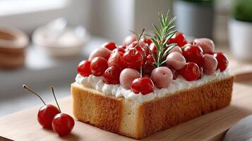 A cake with cherries and cream on top photo