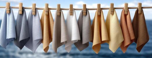 A line of towels hanging on a clothesline photo