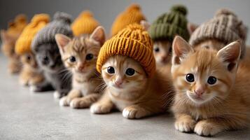 A group of kittens wearing knitted hats photo