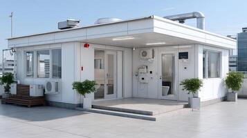 A small white building with a toilet and a window photo